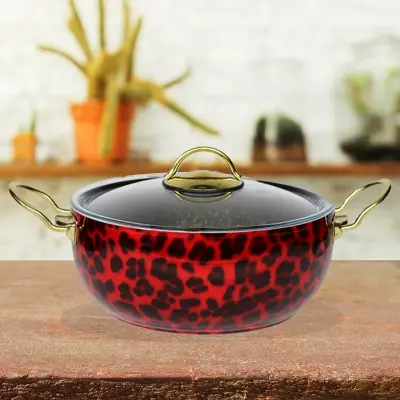 Evren 20 Cm Leopar Kırmızı Granit Güveç Tencere 2,3 Lt (Gold Çelik Kulplu)